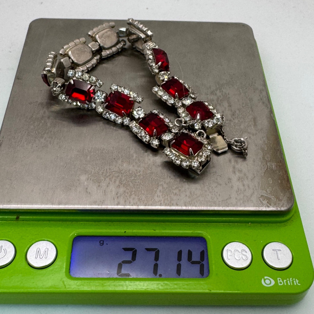 Regency Red Rhinestone Tennis Bracelet Silver-Tone Setting Mid-Century Vintage