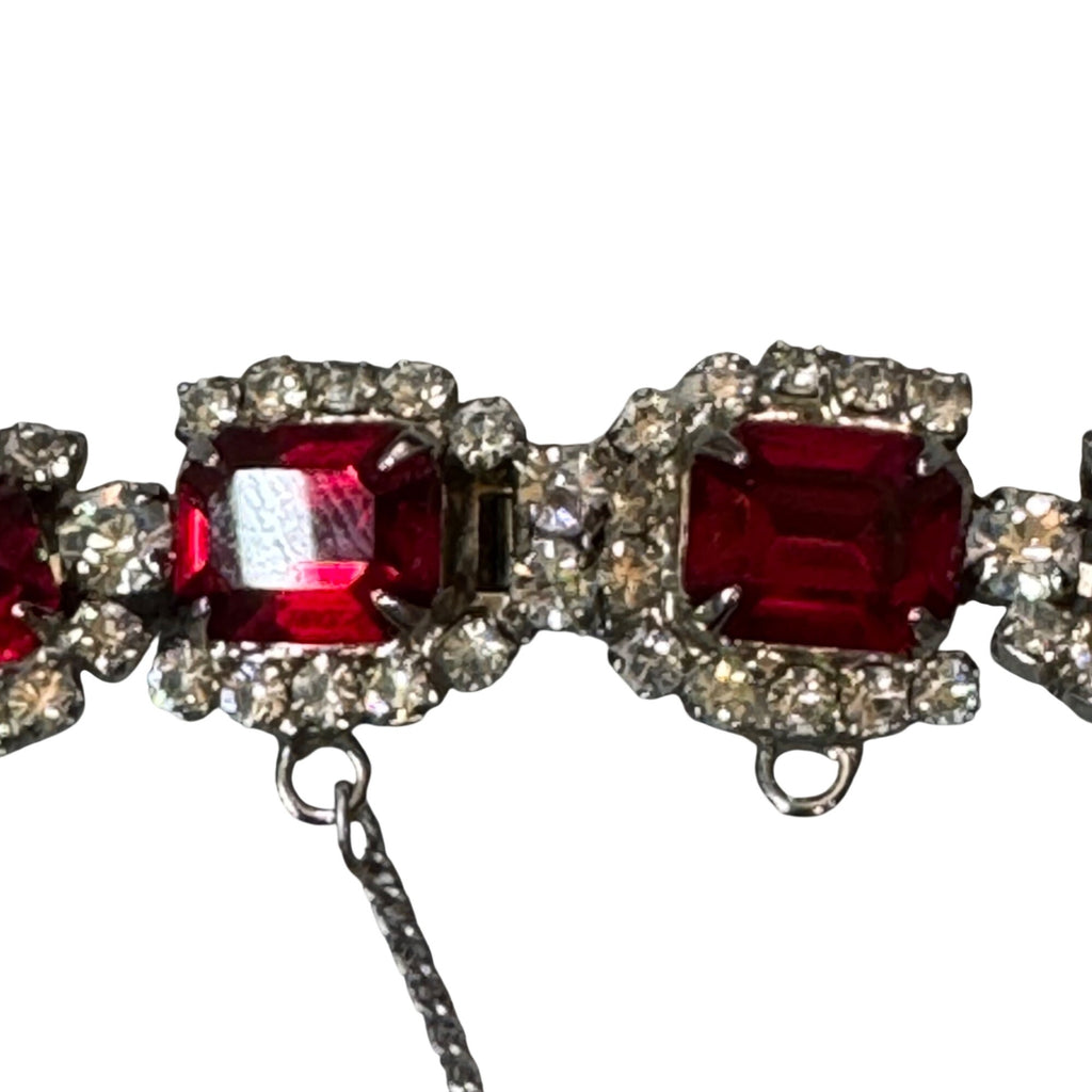 Regency Red Rhinestone Tennis Bracelet Silver-Tone Setting Mid-Century Vintage