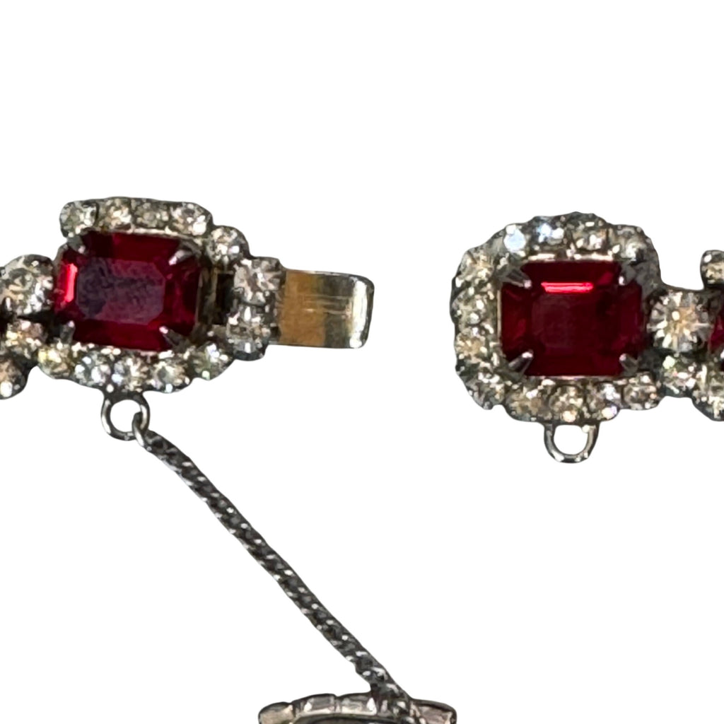 Regency Red Rhinestone Tennis Bracelet Silver-Tone Setting Mid-Century Vintage