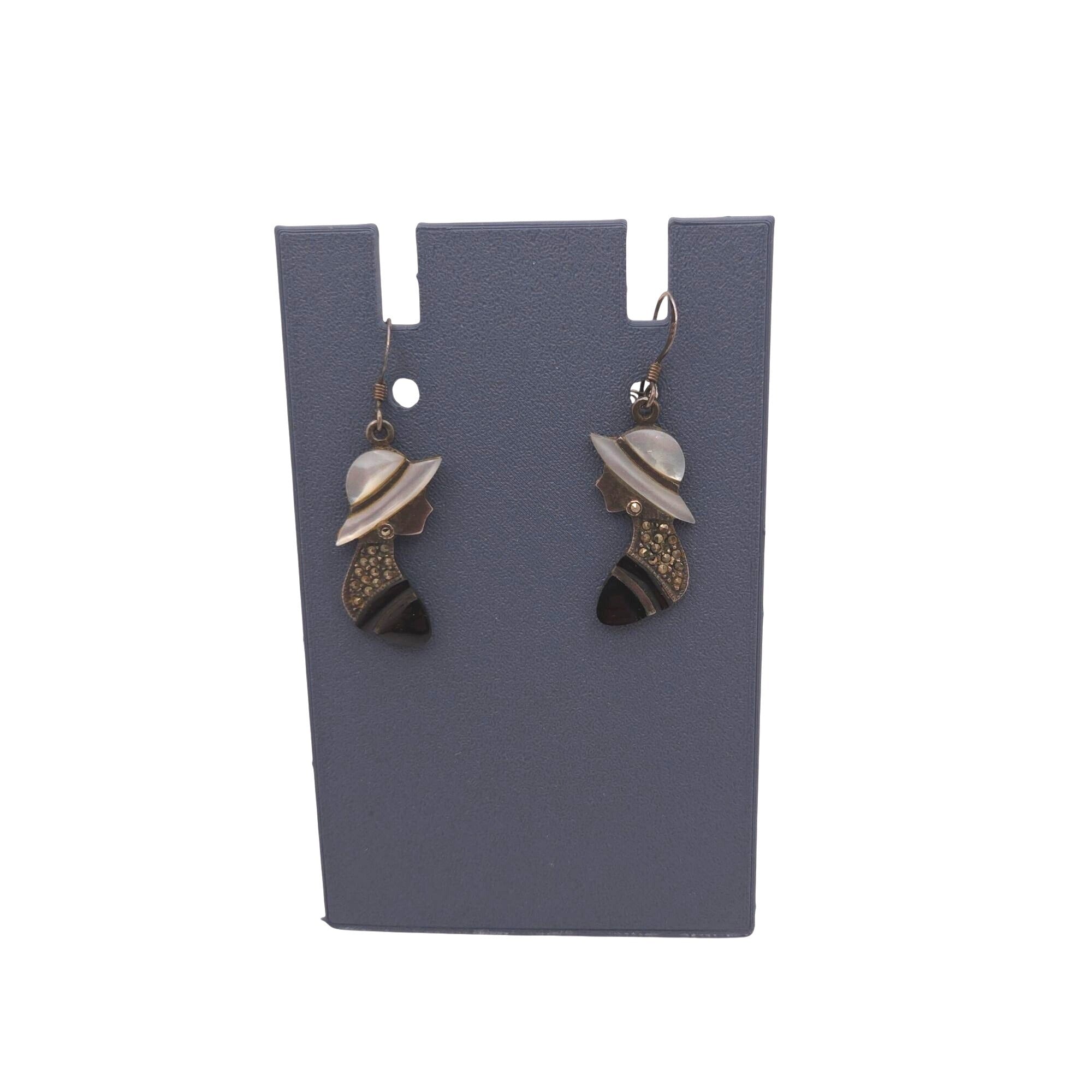 Chapal Zenray Lady Earrings Ruby MOP Marcasite Onyx Sterling Silver Silhouette