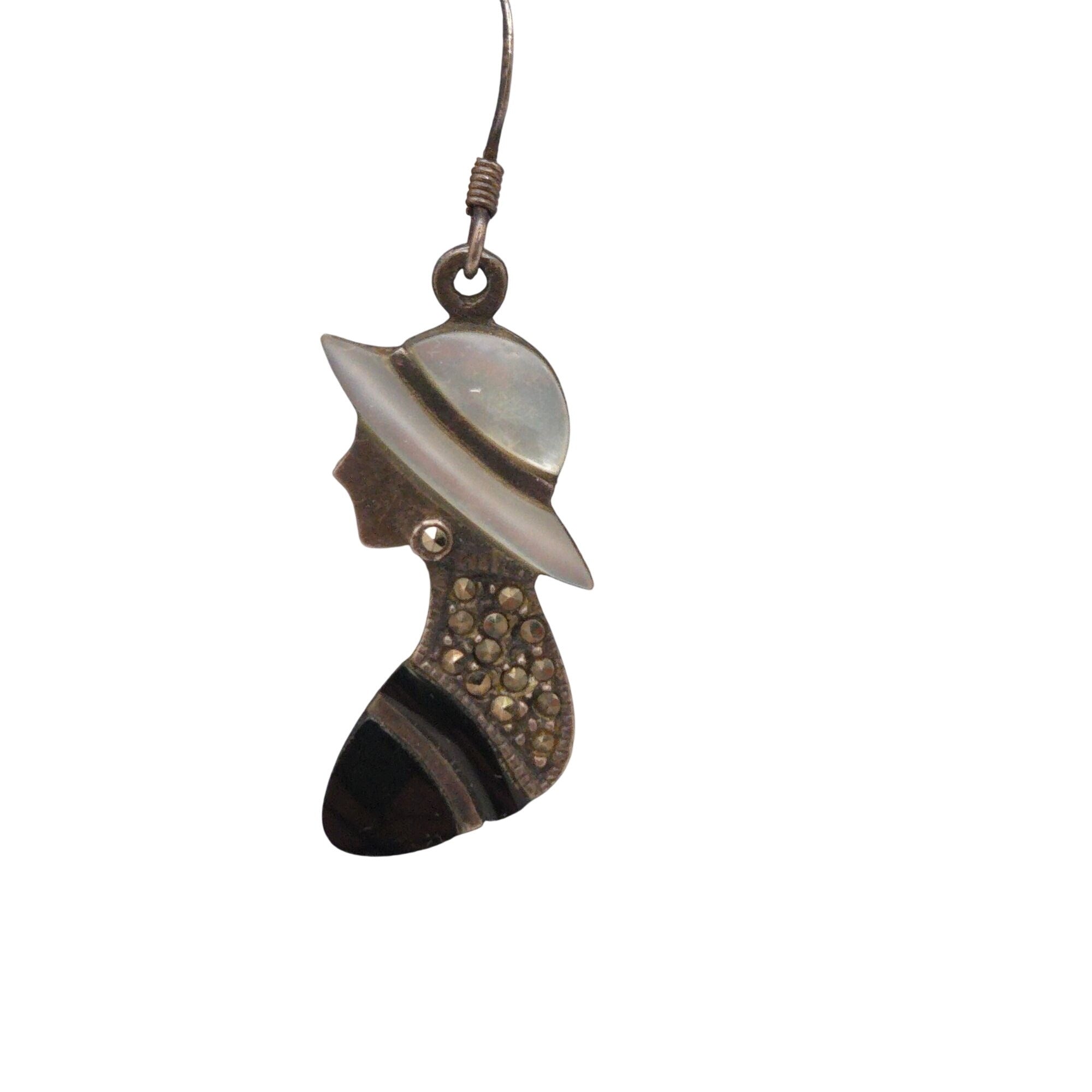 Chapal Zenray Lady Earrings Ruby MOP Marcasite Onyx Sterling Silver Silhouette
