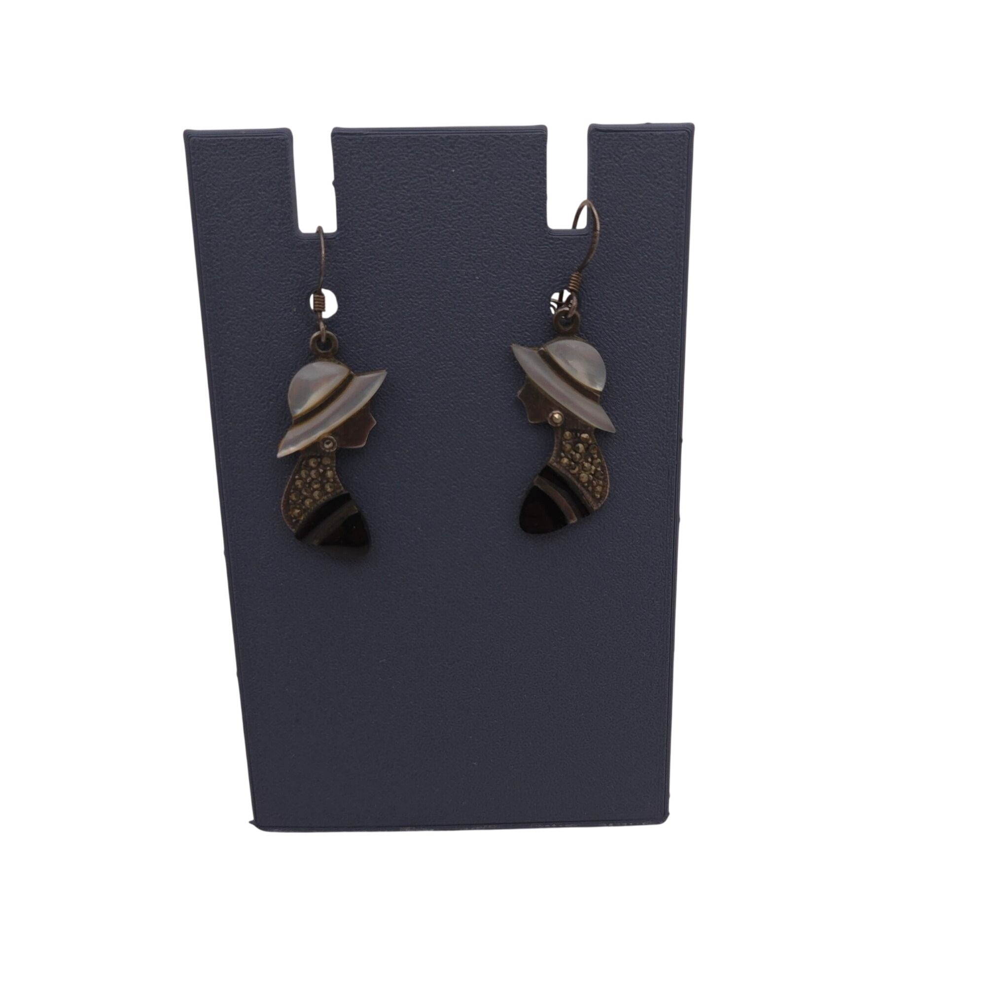 Chapal Zenray Lady Earrings Ruby MOP Marcasite Onyx Sterling Silver Silhouette