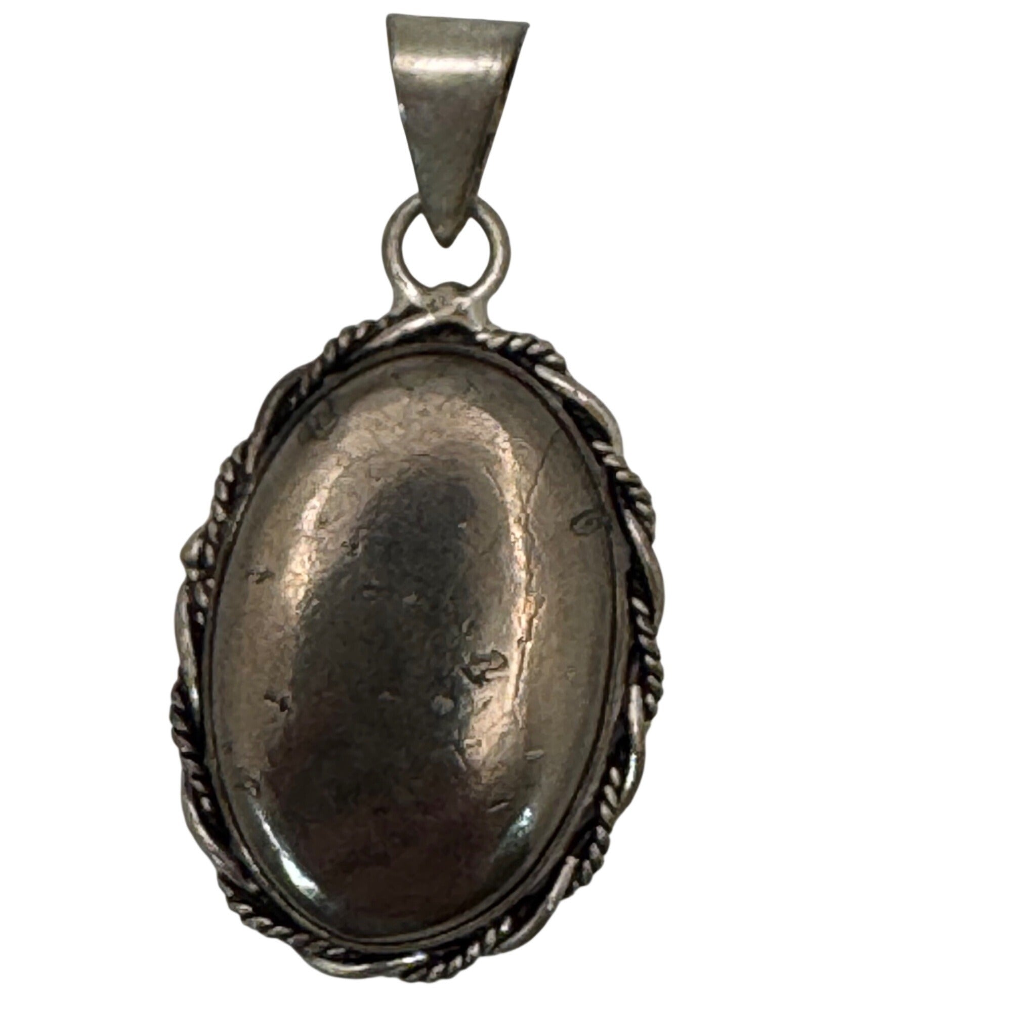 Vintage Sterling Silver Oval Hematite Pendant Rope Edge Design 1.25" Southwest
