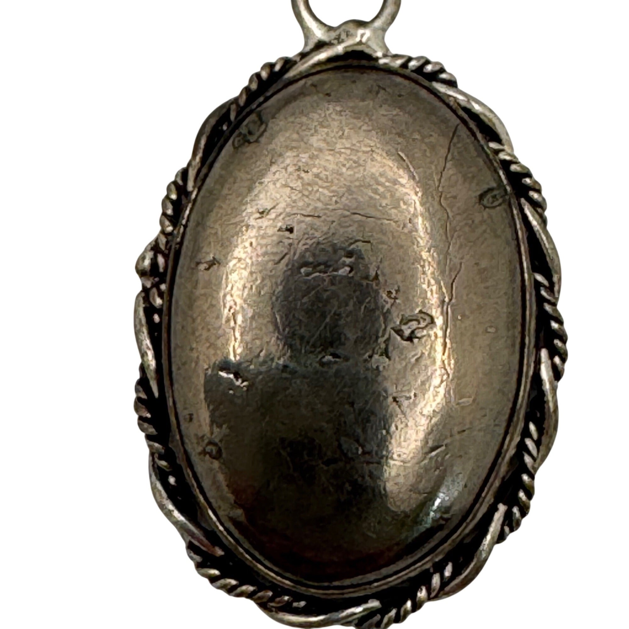 Vintage Sterling Silver Oval Hematite Pendant Rope Edge Design 1.25" Southwest