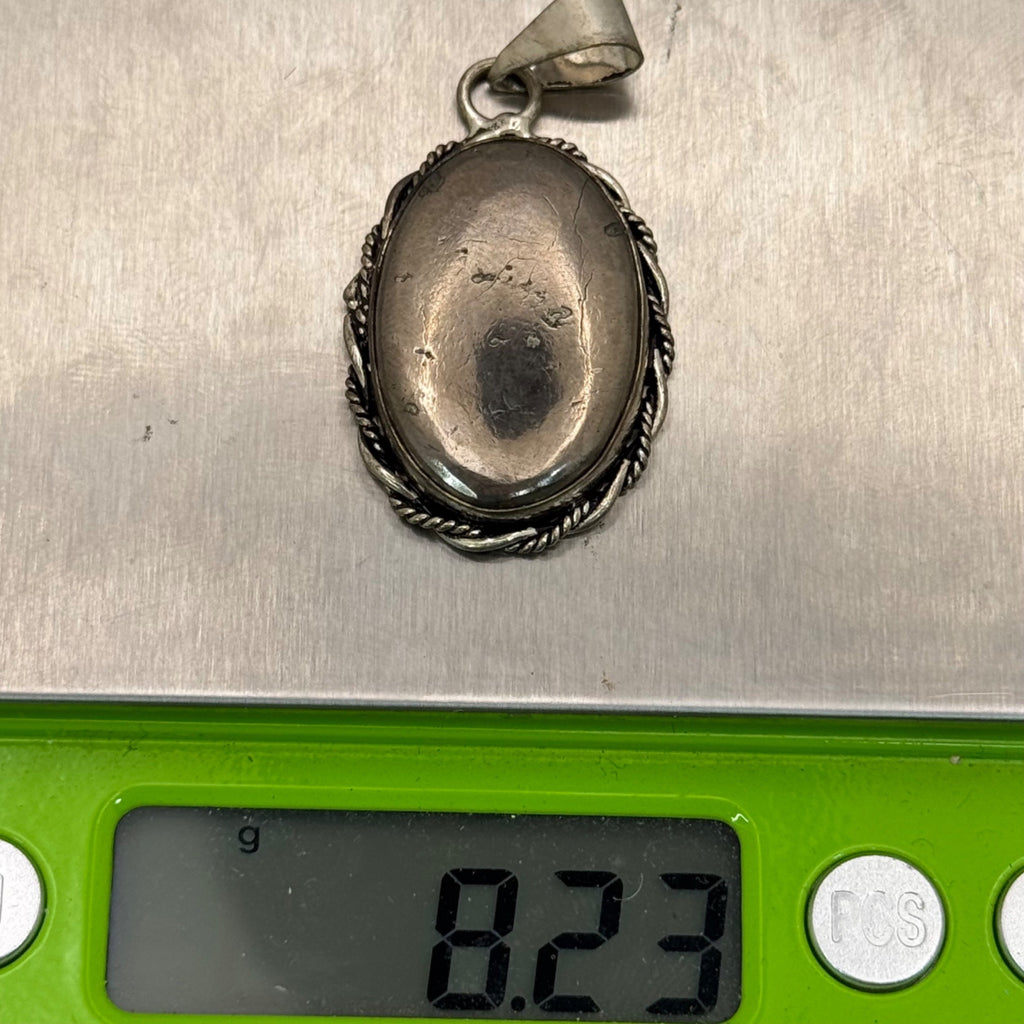 Vintage Sterling Silver Oval Hematite Pendant Rope Edge Design 1.25" Southwest