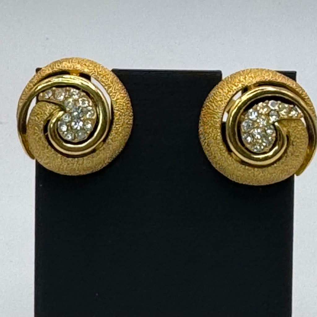Trifari Gold-Tone Swirl Clip On Earrings Infinity Rhinestone Accents 1" Vintage