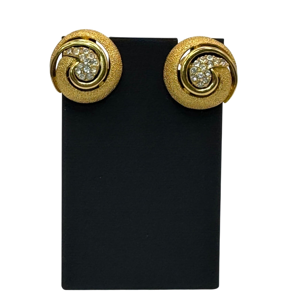 Trifari Gold-Tone Swirl Clip On Earrings Infinity Rhinestone Accents 1" Vintage