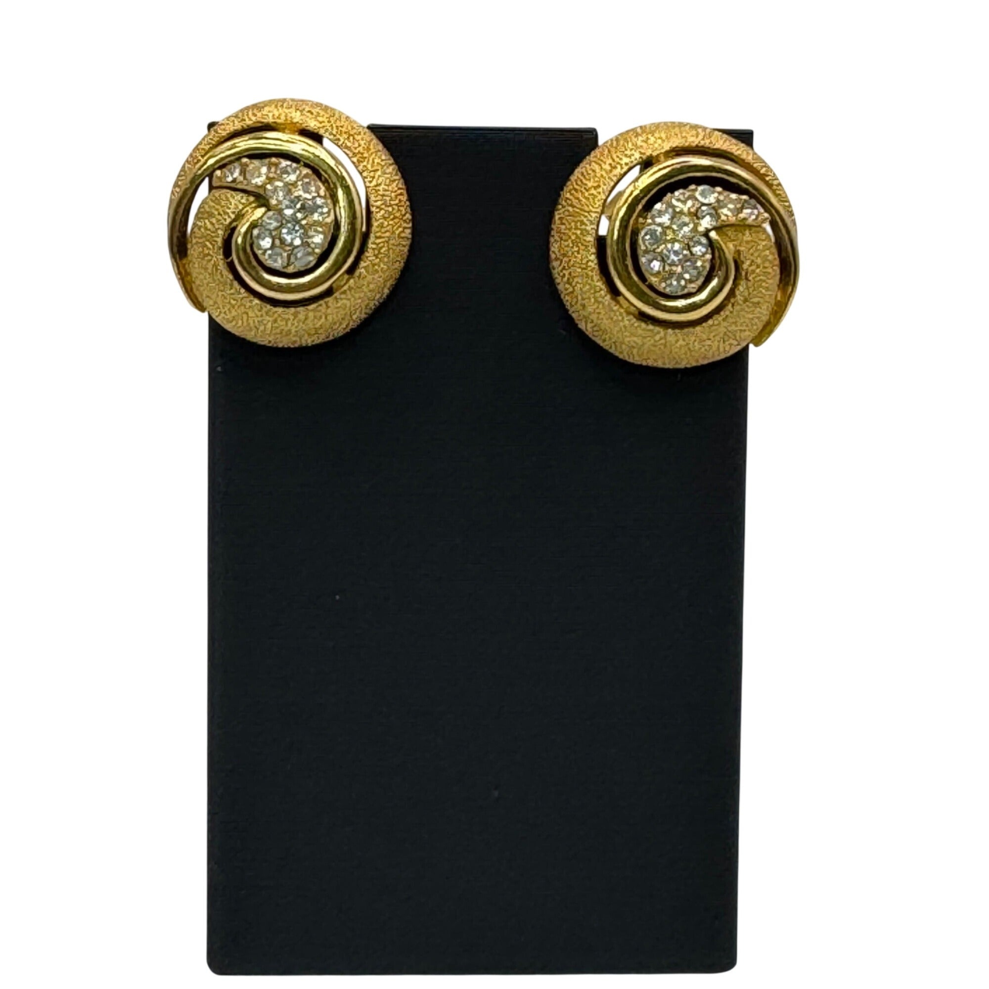 Trifari Gold-Tone Swirl Clip On Earrings Infinity Rhinestone Accents 1" Vintage