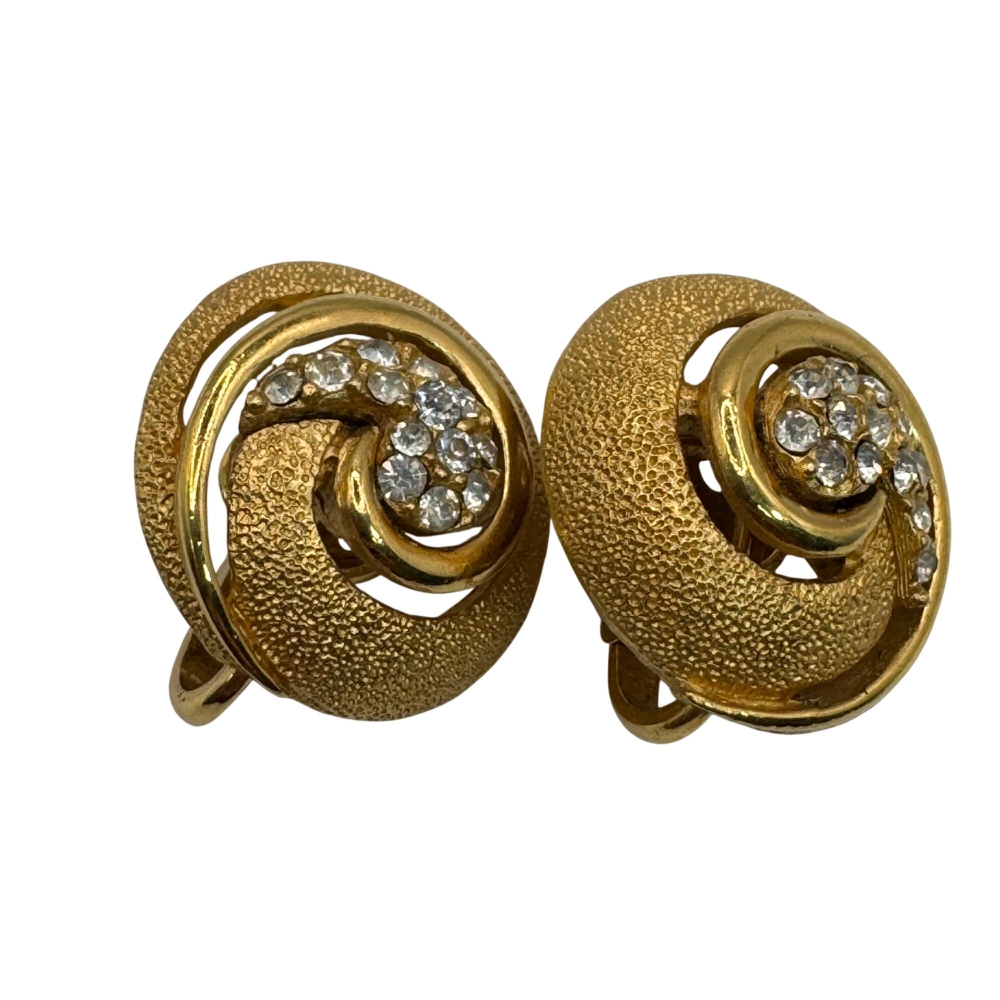 Trifari Gold-Tone Swirl Clip On Earrings Infinity Rhinestone Accents 1" Vintage
