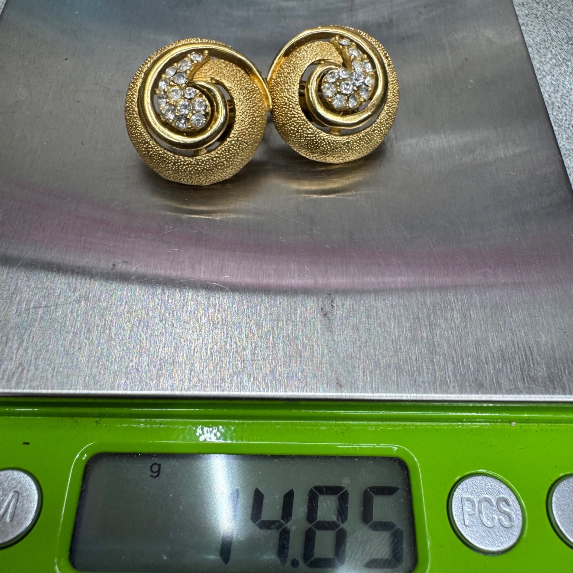 Trifari Gold-Tone Swirl Clip On Earrings Infinity Rhinestone Accents 1" Vintage
