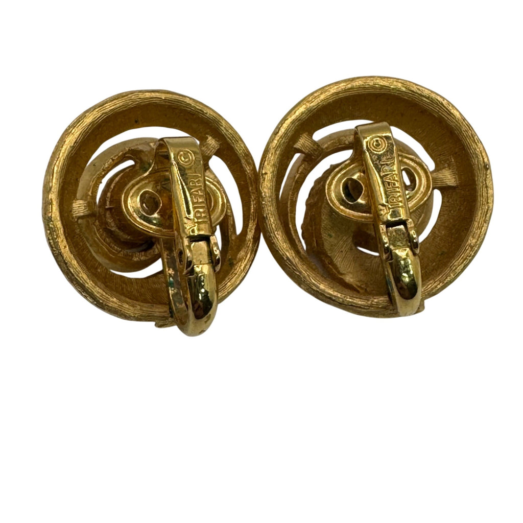 Trifari Gold-Tone Swirl Clip On Earrings Infinity Rhinestone Accents 1" Vintage