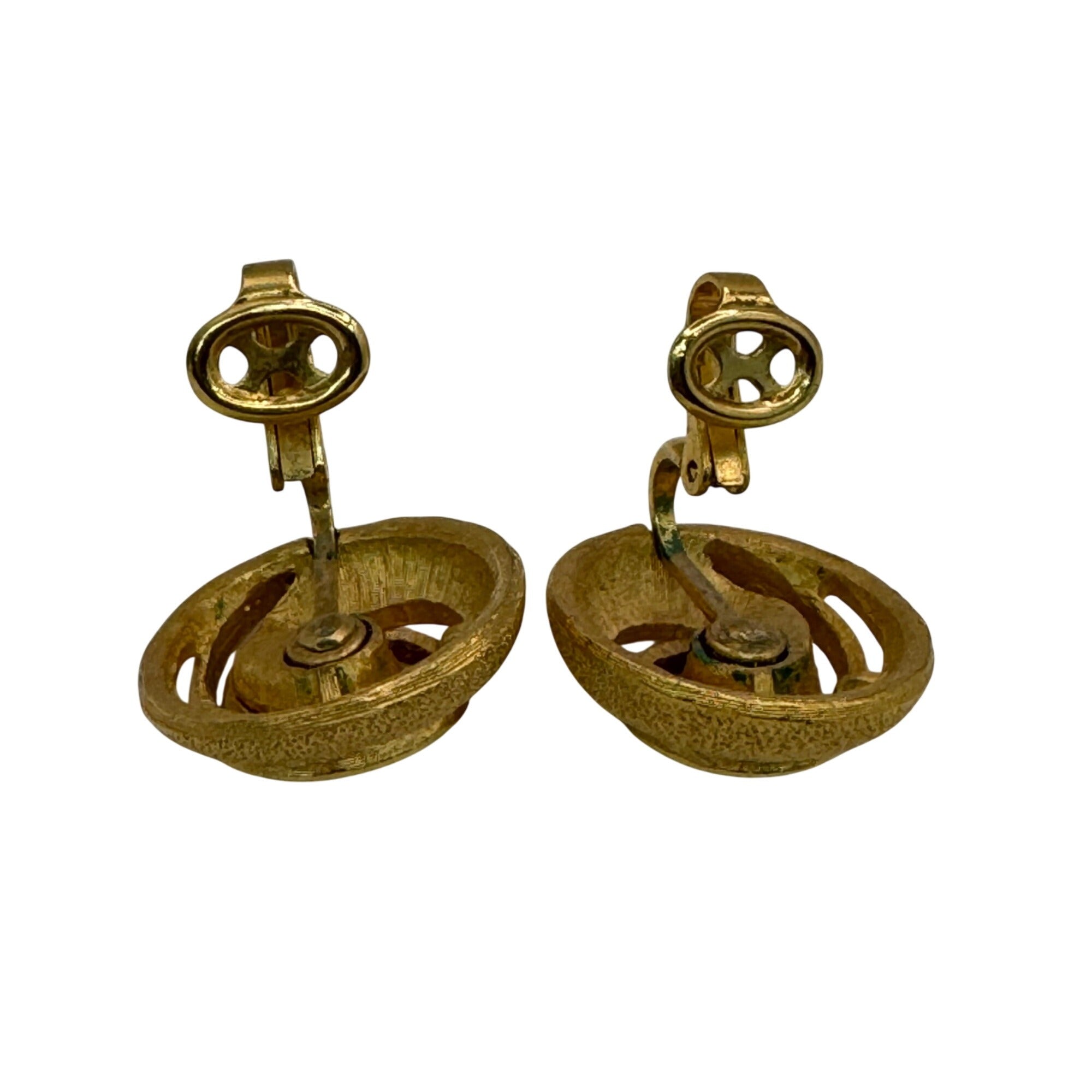 Trifari Gold-Tone Swirl Clip On Earrings Infinity Rhinestone Accents 1" Vintage