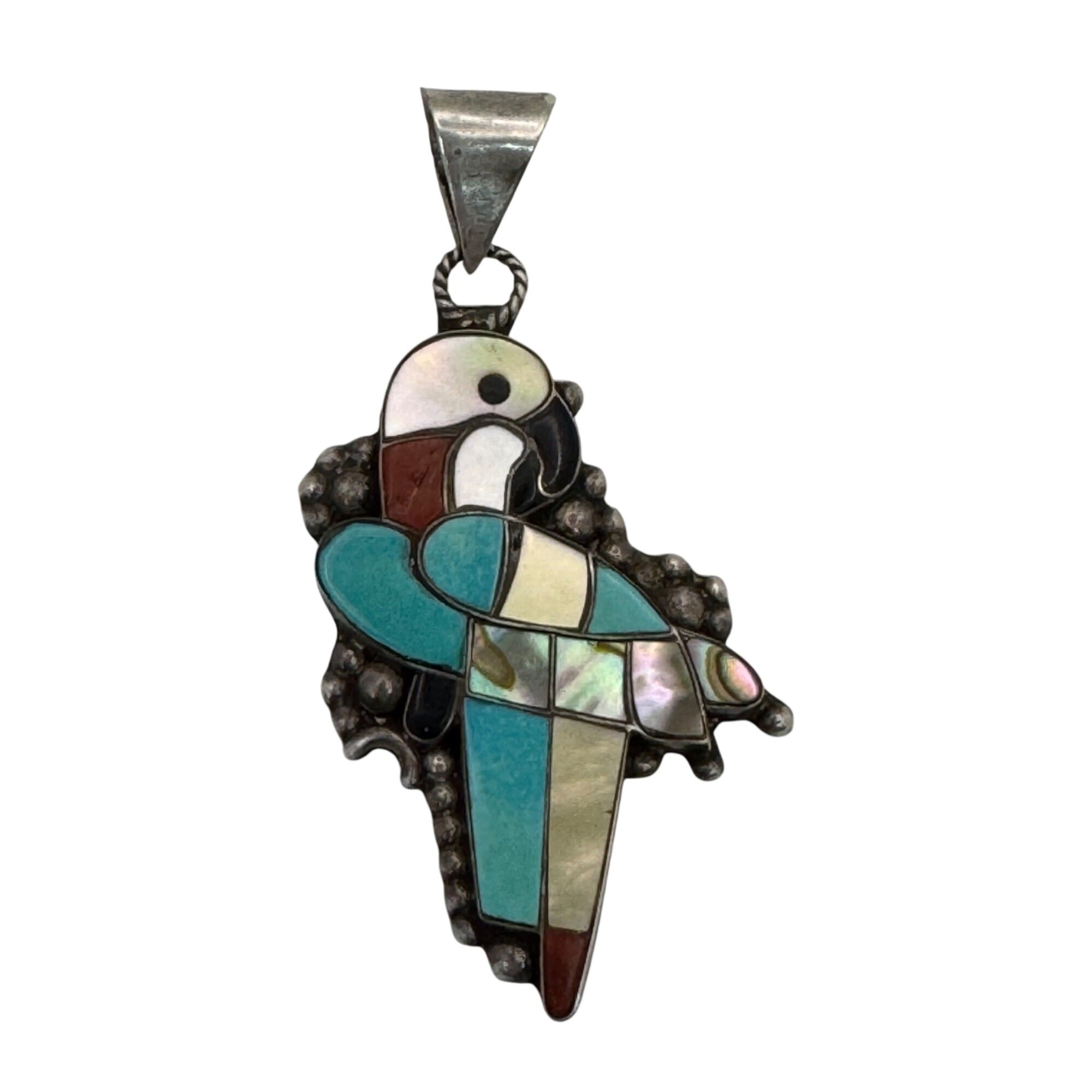 Vintage Zuni Sterling Silver Parrot Pendant Turquoise Coral Abalone Inlay 1.5"