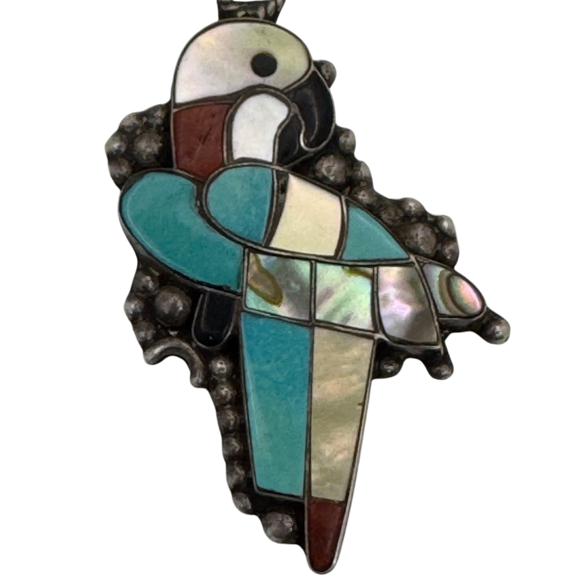 Vintage Zuni Sterling Silver Parrot Pendant Turquoise Coral Abalone Inlay 1.5"