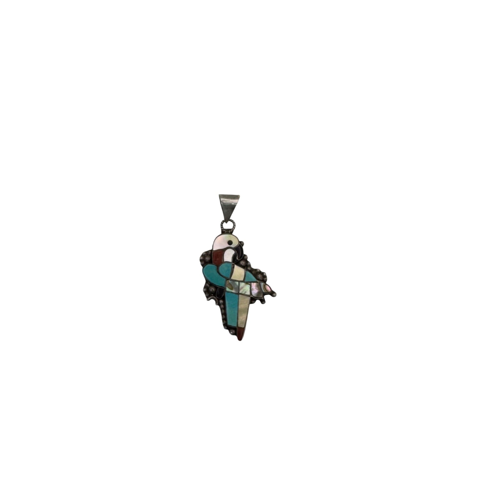 Vintage Zuni Sterling Silver Parrot Pendant Turquoise Coral Abalone Inlay 1.5"