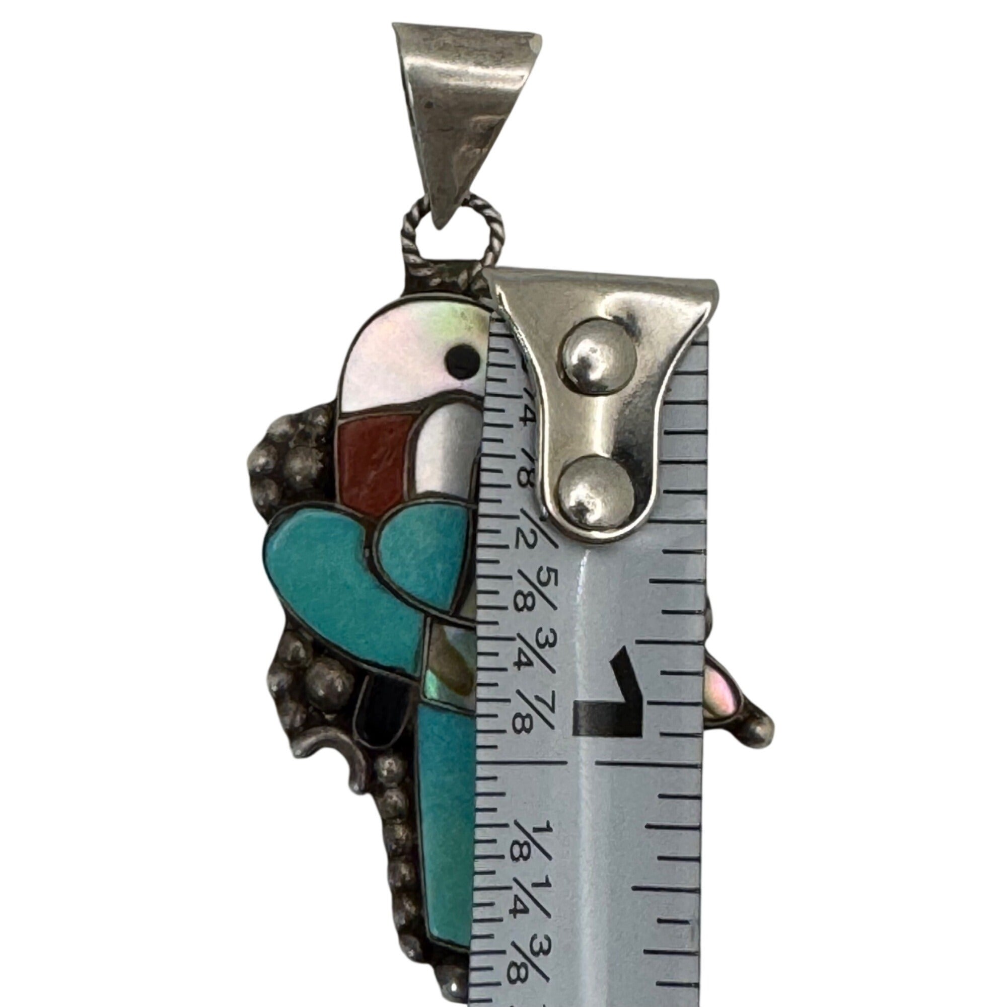 Vintage Zuni Sterling Silver Parrot Pendant Turquoise Coral Abalone Inlay 1.5"