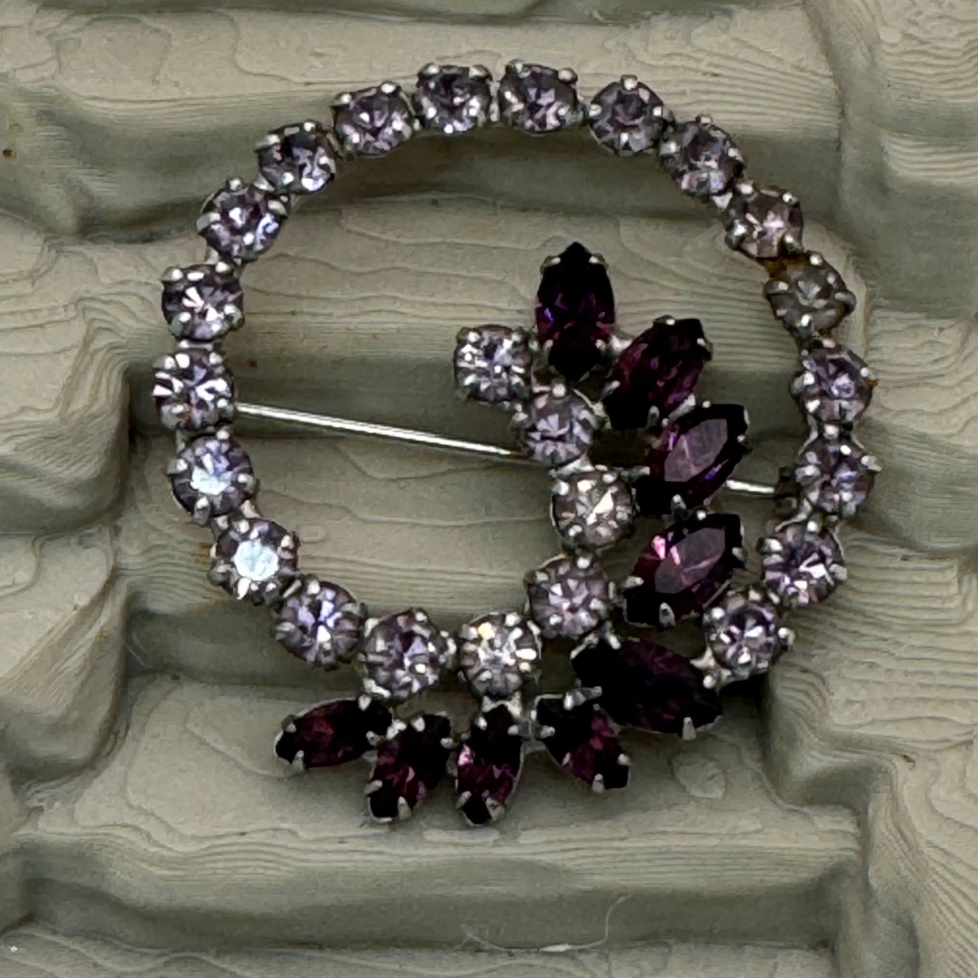 Amethyst Glass BDA Rhinestone Circle Brooch Purple & Clear 1.75" Statement Vtg