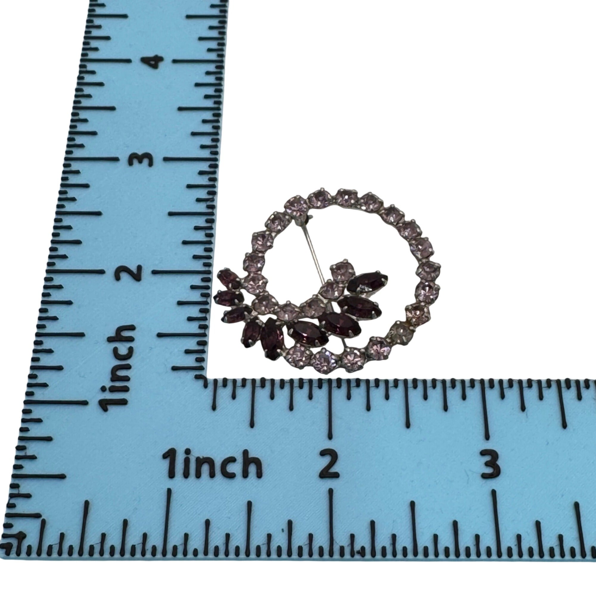 Amethyst Glass BDA Rhinestone Circle Brooch Purple & Clear 1.75" Statement Vtg