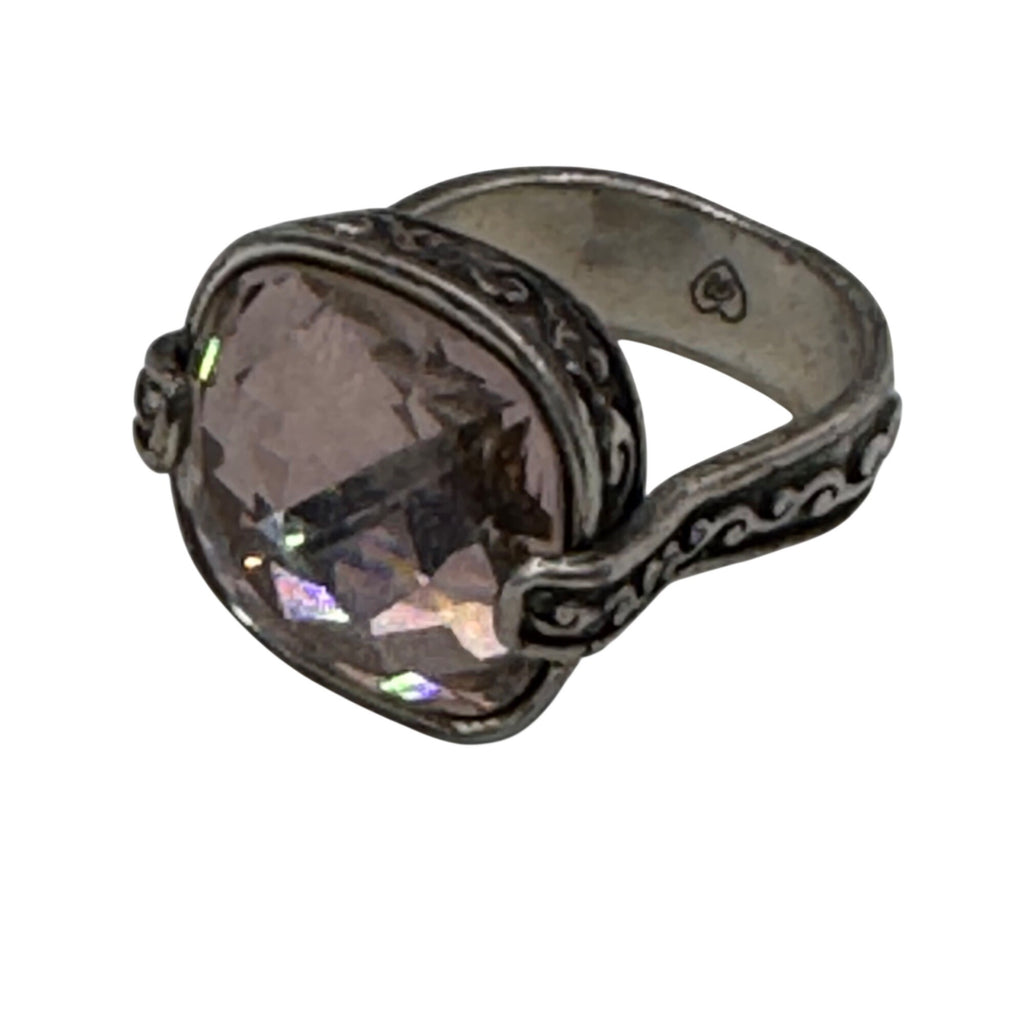 Brighton Smoky Quartz Silver Tone Ring Faceted Crystal Stone Filigree Band Sz 7