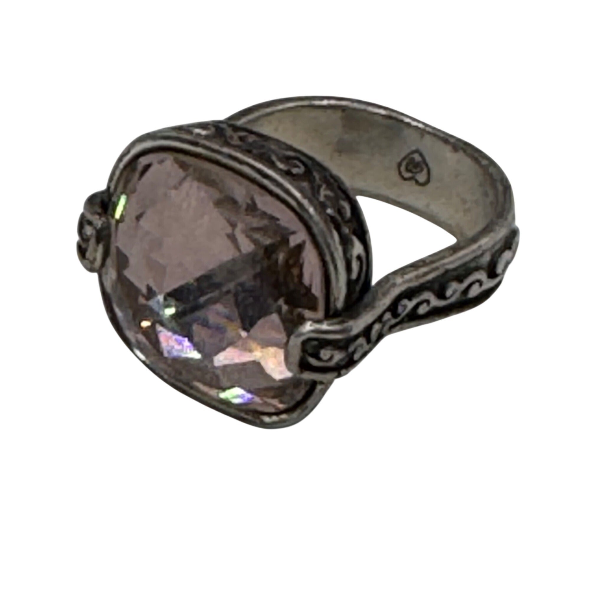 Brighton Smoky Quartz Silver Tone Ring Faceted Crystal Stone Filigree Band Sz 7