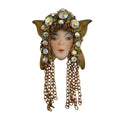 Vintage Flapper Girl Woman Art Deco Brass & Porcelain Face Brooch Rhinestones 3"