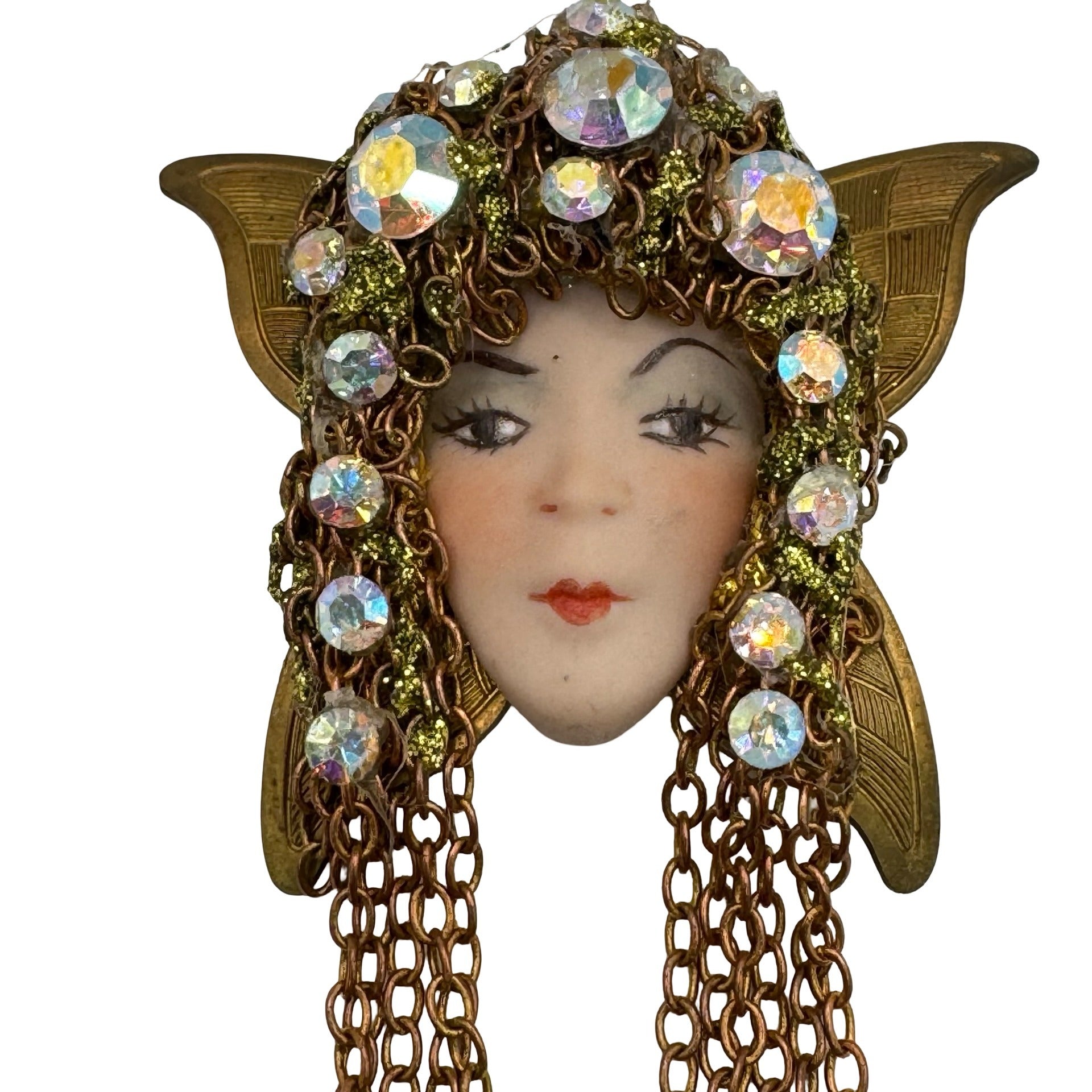 Vintage Flapper Girl Woman Art Deco Brass & Porcelain Face Brooch Rhinestones 3"