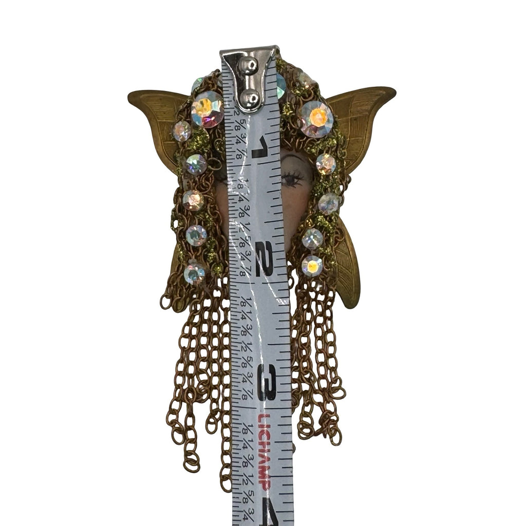 Vintage Flapper Girl Woman Art Deco Brass & Porcelain Face Brooch Rhinestones 3"