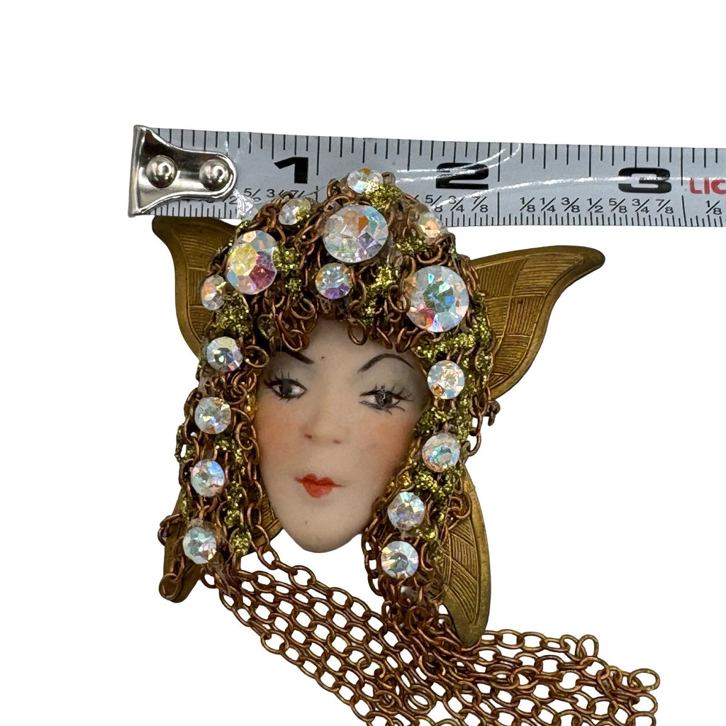Vintage Flapper Girl Woman Art Deco Brass & Porcelain Face Brooch Rhinestones 3"