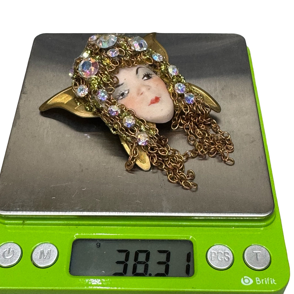 Vintage Flapper Girl Woman Art Deco Brass & Porcelain Face Brooch Rhinestones 3"
