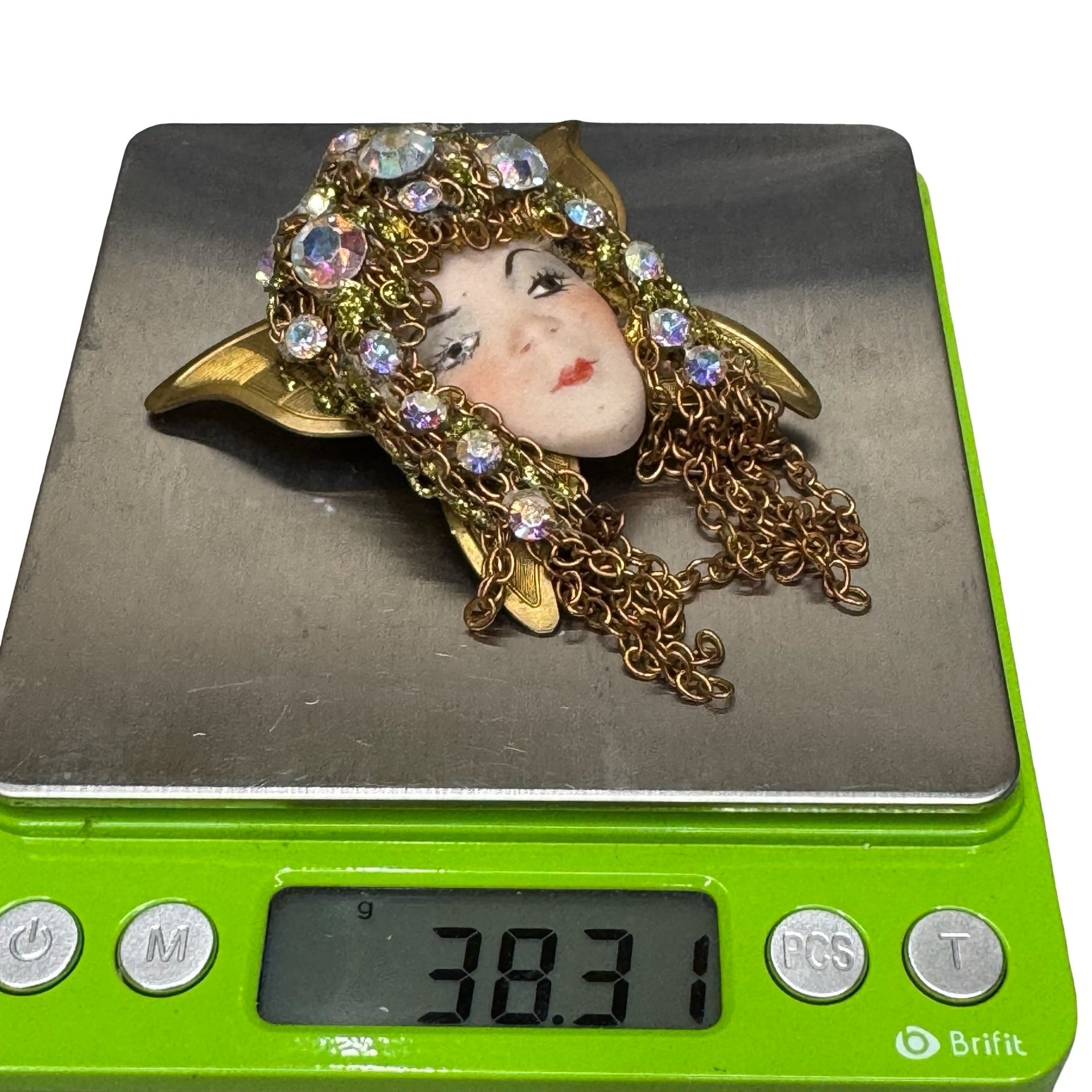 Vintage Flapper Girl Woman Art Deco Brass & Porcelain Face Brooch Rhinestones 3"