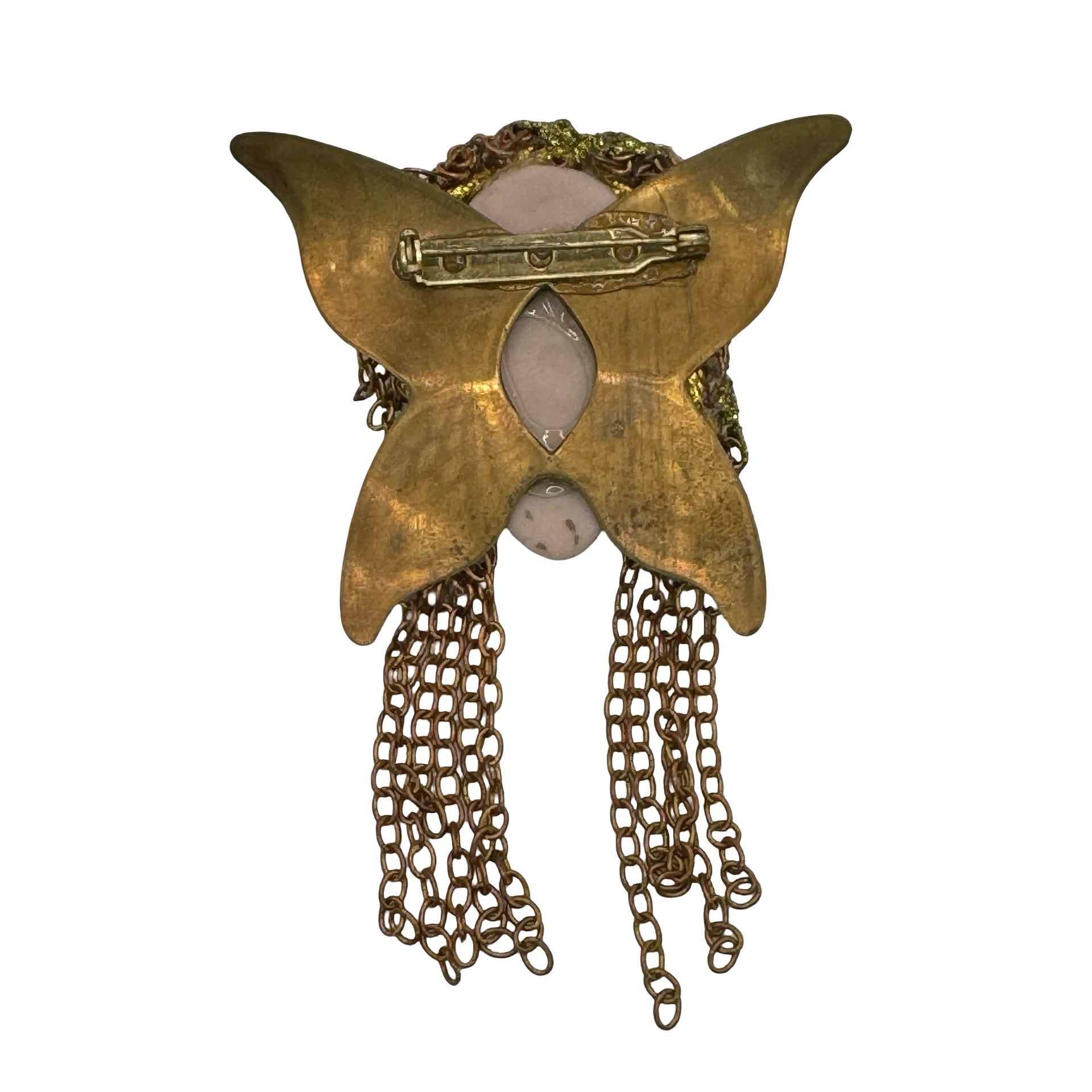 Vintage Flapper Girl Woman Art Deco Brass & Porcelain Face Brooch Rhinestones 3"