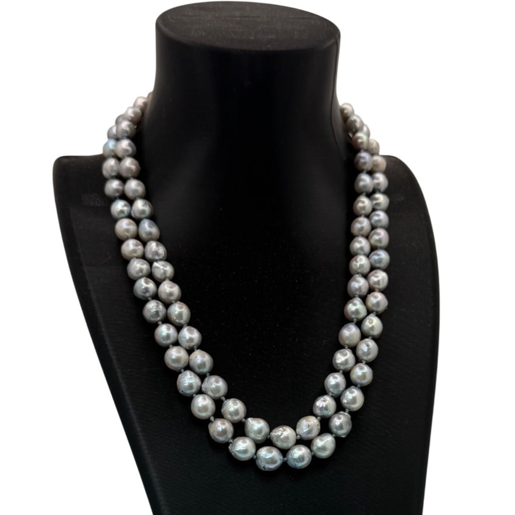 Double Strand Baroque Pearl Necklace Antique Ornate Silver Clasp Gray 16" Vtg