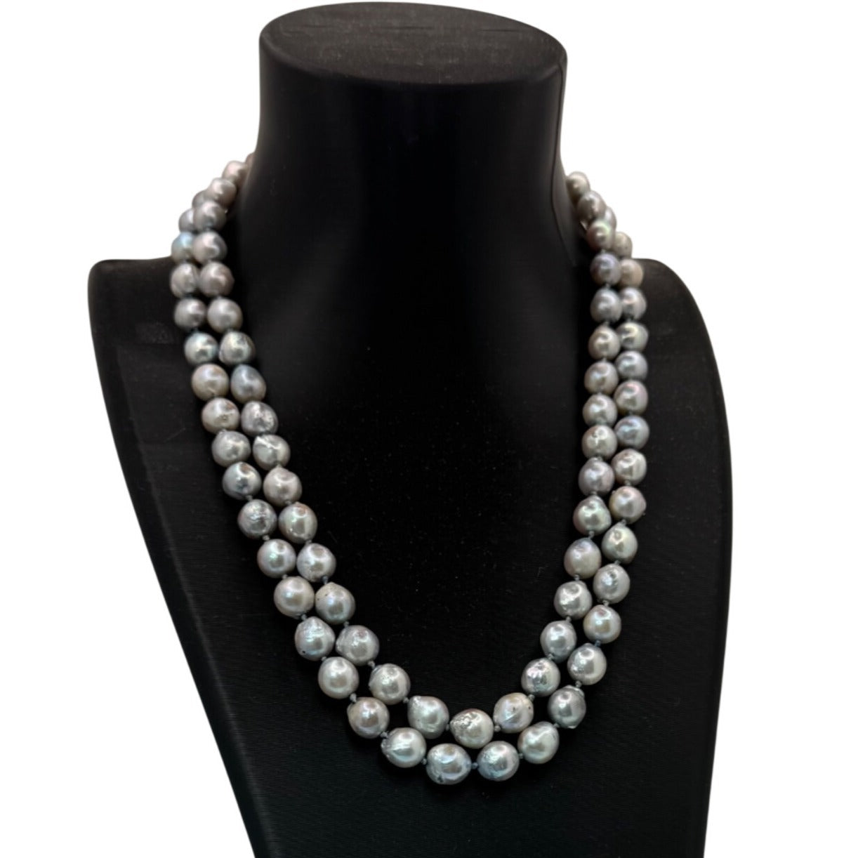 Double Strand Baroque Pearl Necklace Antique Ornate Silver Clasp Gray 16" Vtg