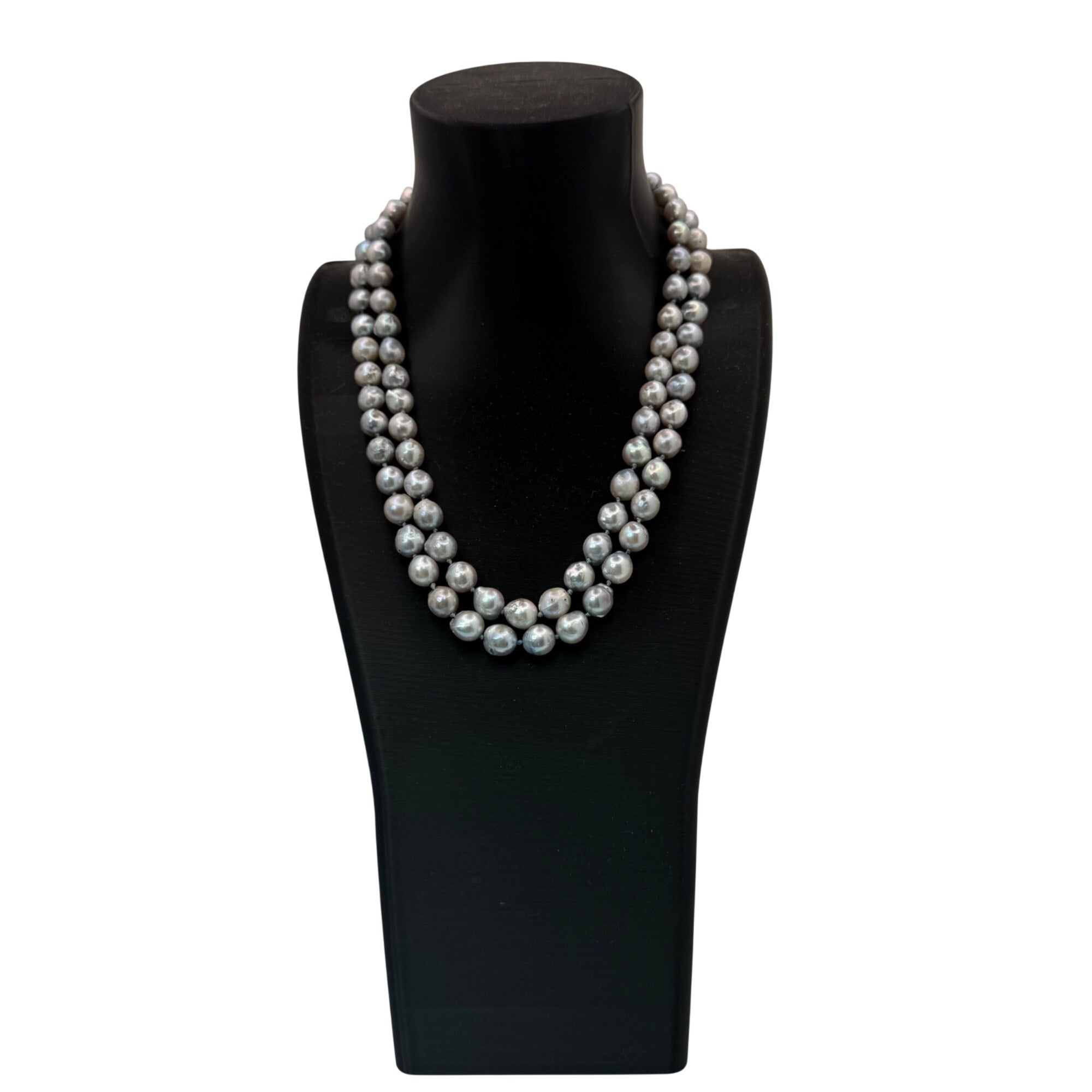 Double Strand Baroque Pearl Necklace Antique Ornate Silver Clasp Gray 16" Vtg