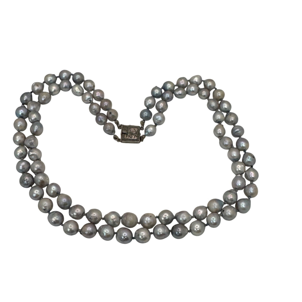 Double Strand Baroque Pearl Necklace Antique Ornate Silver Clasp Gray 16" Vtg