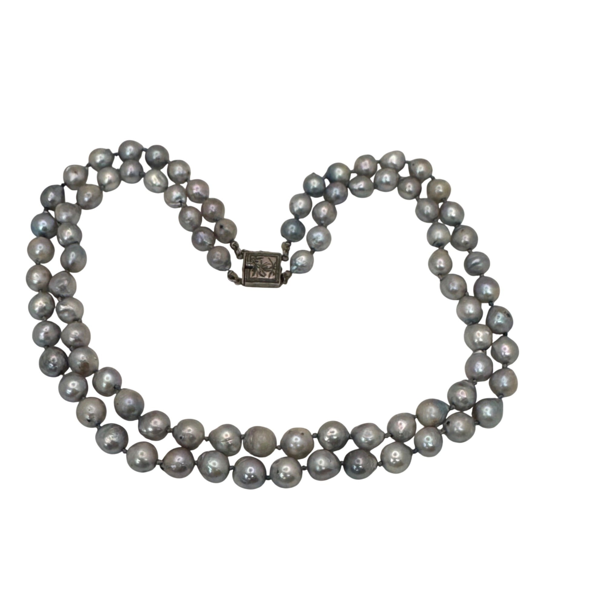 Double Strand Baroque Pearl Necklace Antique Ornate Silver Clasp Gray 16" Vtg