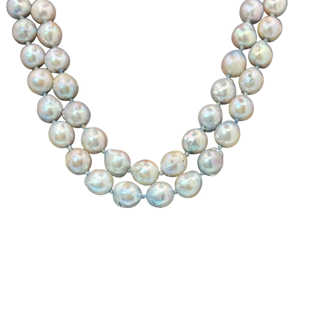 Double Strand Baroque Pearl Necklace Antique Ornate Silver Clasp Gray 16" Vtg