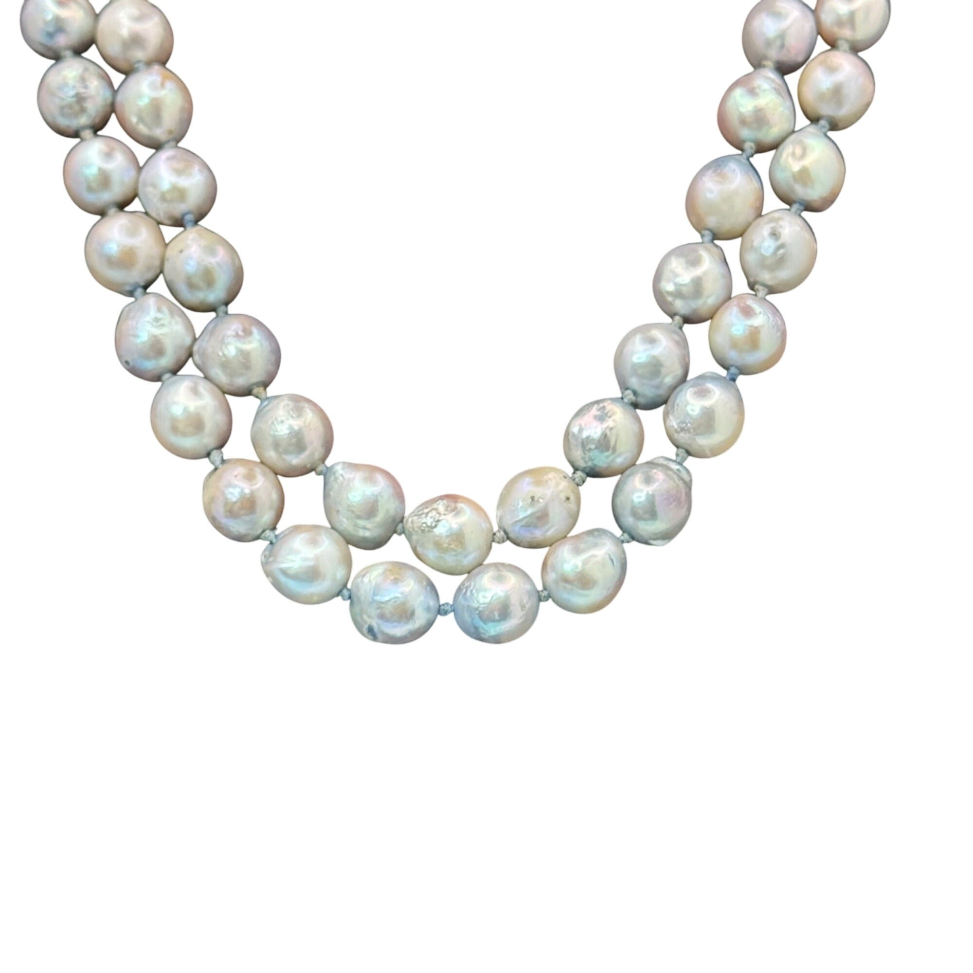 Double Strand Baroque Pearl Necklace Antique Ornate Silver Clasp Gray 16" Vtg