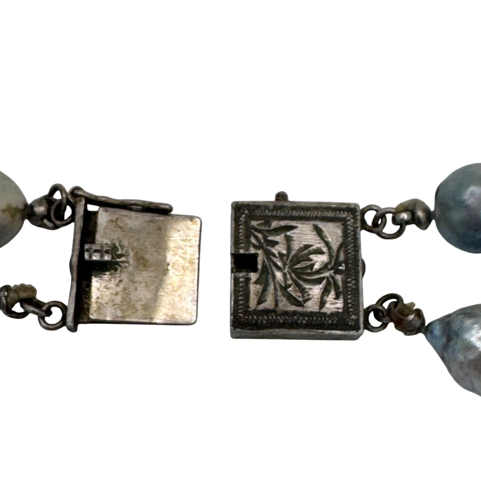 Double Strand Baroque Pearl Necklace Antique Ornate Silver Clasp Gray 16" Vtg