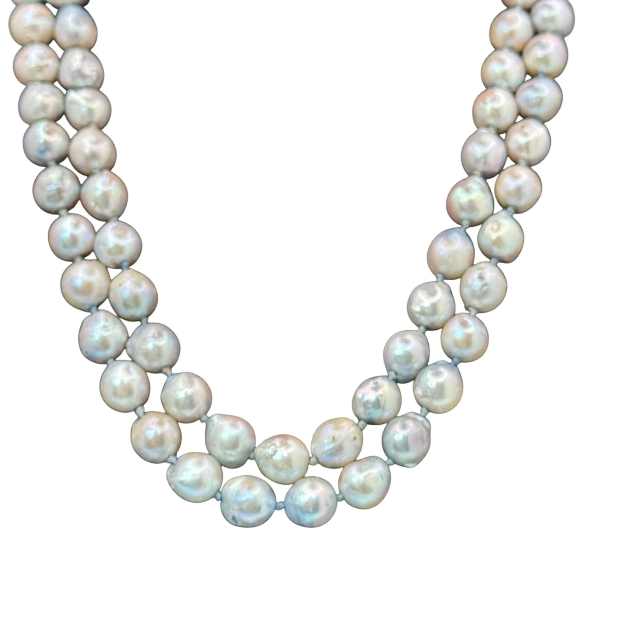 Double Strand Baroque Pearl Necklace Antique Ornate Silver Clasp Gray 16" Vtg