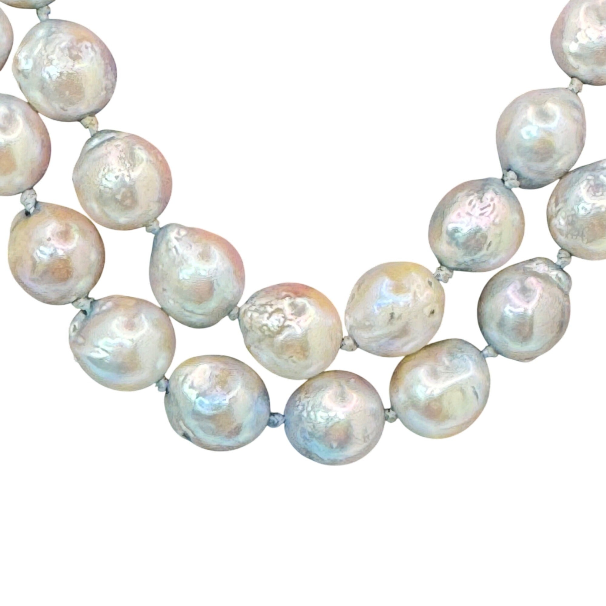 Double Strand Baroque Pearl Necklace Antique Ornate Silver Clasp Gray 16" Vtg