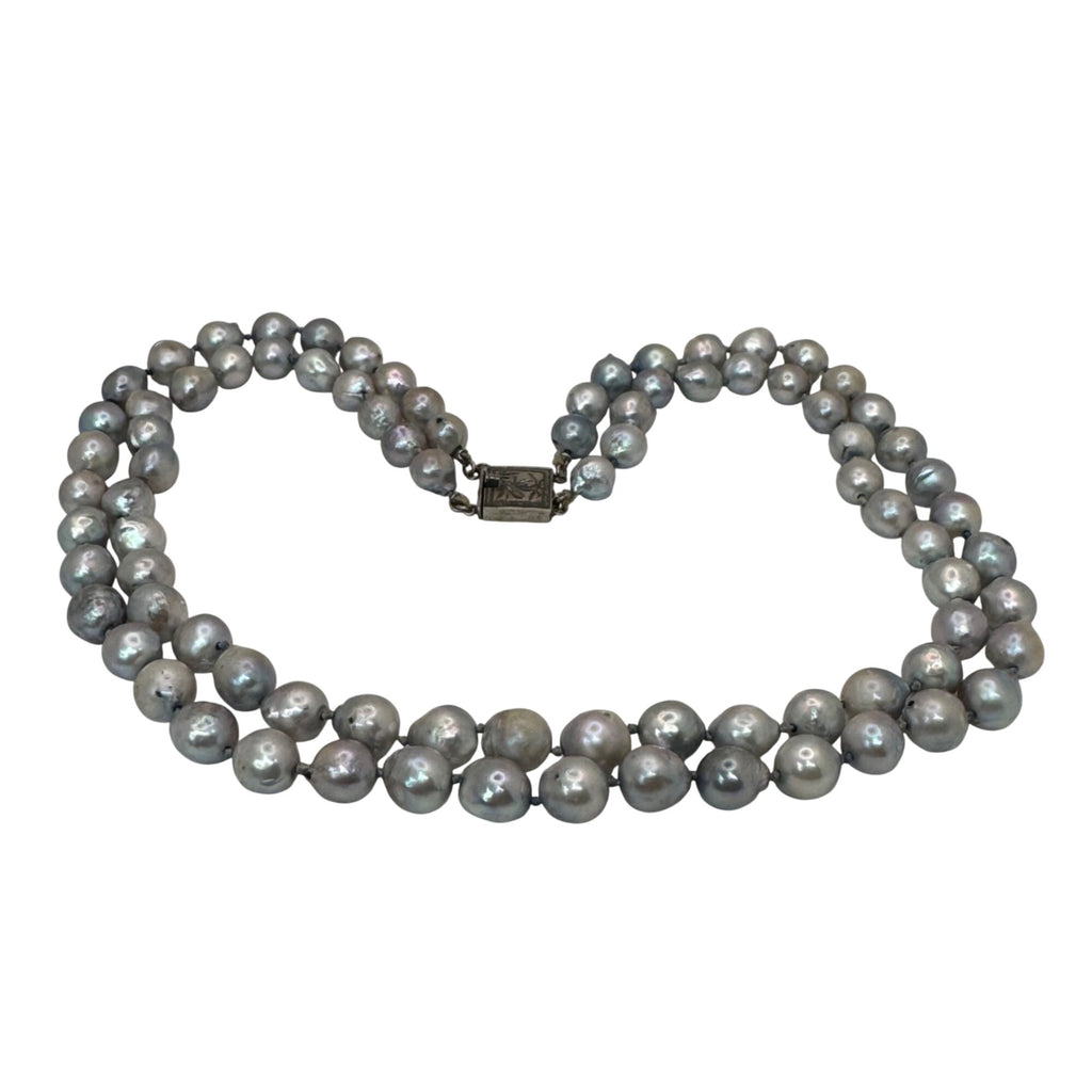 Double Strand Baroque Pearl Necklace Antique Ornate Silver Clasp Gray 16" Vtg