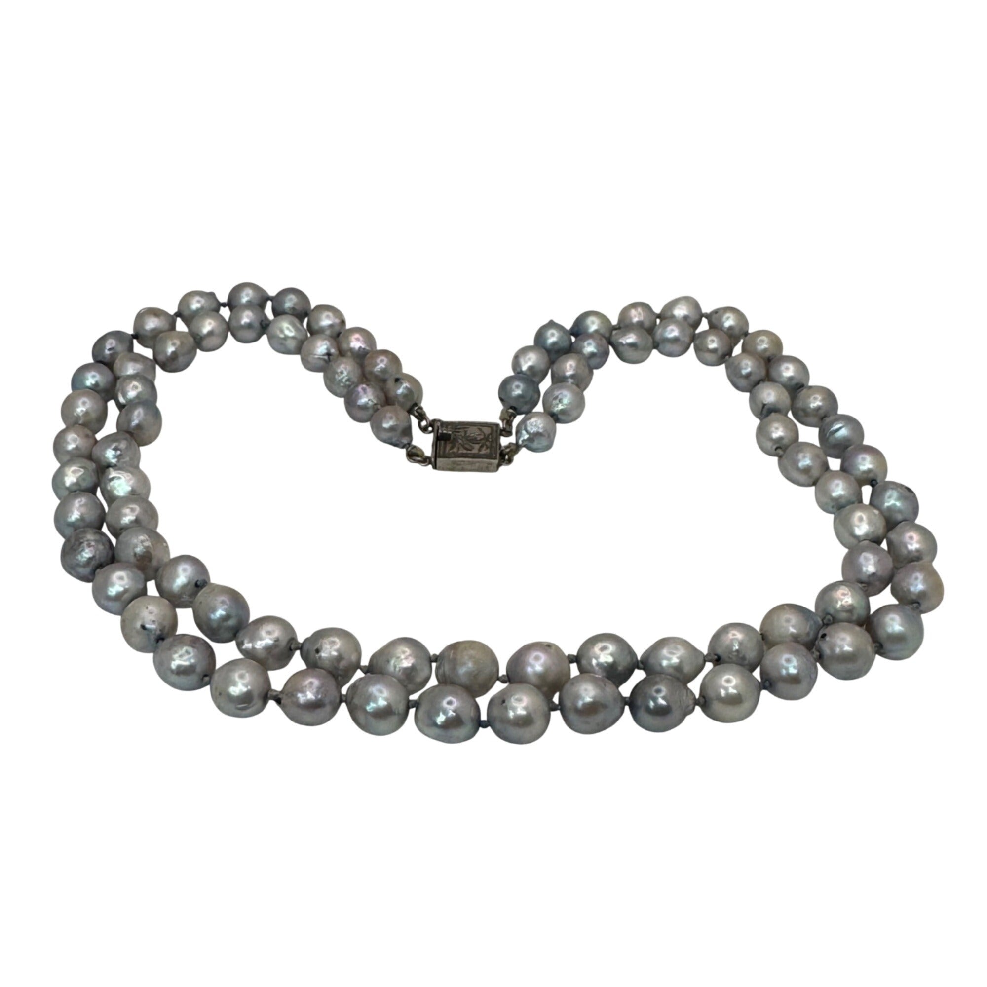 Double Strand Baroque Pearl Necklace Antique Ornate Silver Clasp Gray 16" Vtg