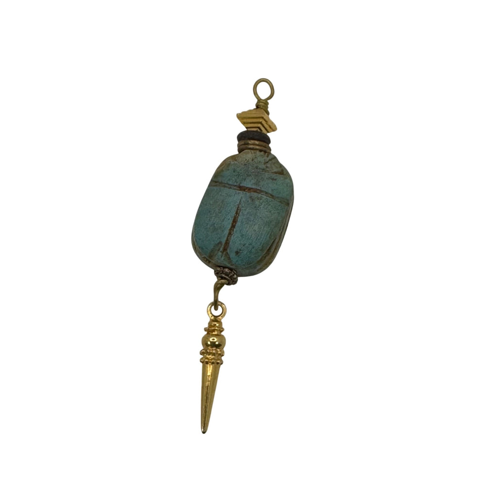 Vintage Carved Egyptian Scarab Amulet Pendant Gold-Tone 3" Dangle Hieroglyphic