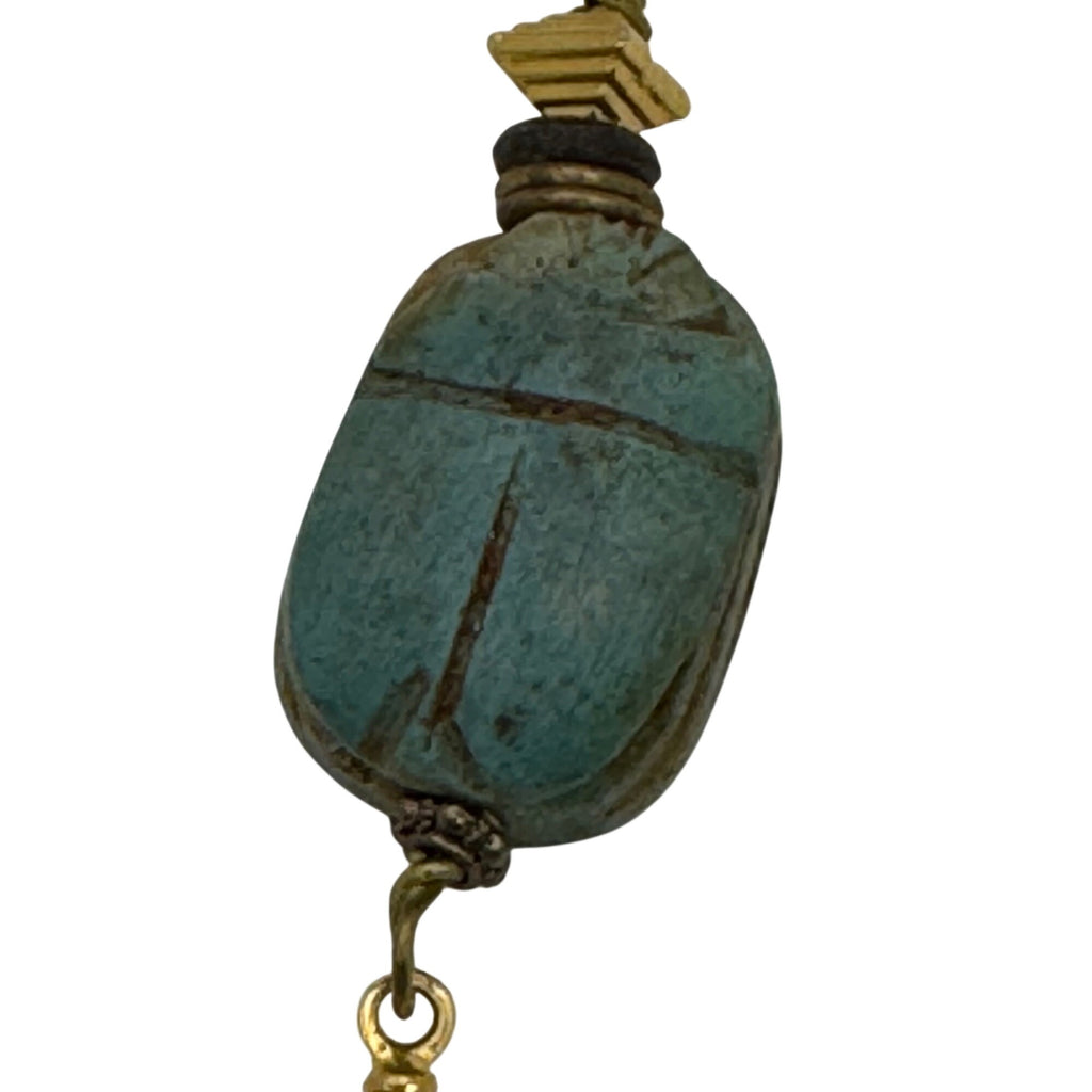 Vintage Carved Egyptian Scarab Amulet Pendant Gold-Tone 3" Dangle Hieroglyphic