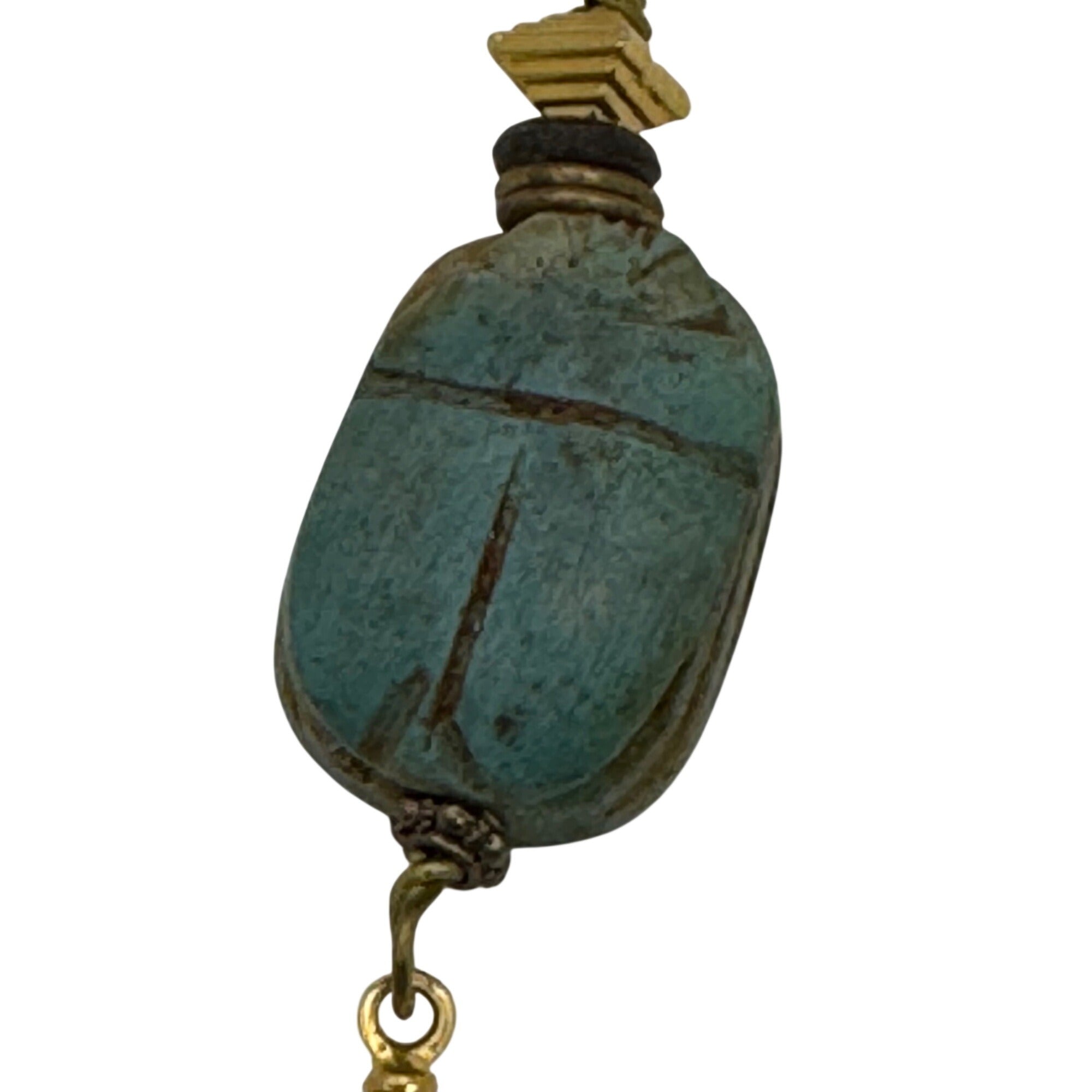 Vintage Carved Egyptian Scarab Amulet Pendant Gold-Tone 3" Dangle Hieroglyphic