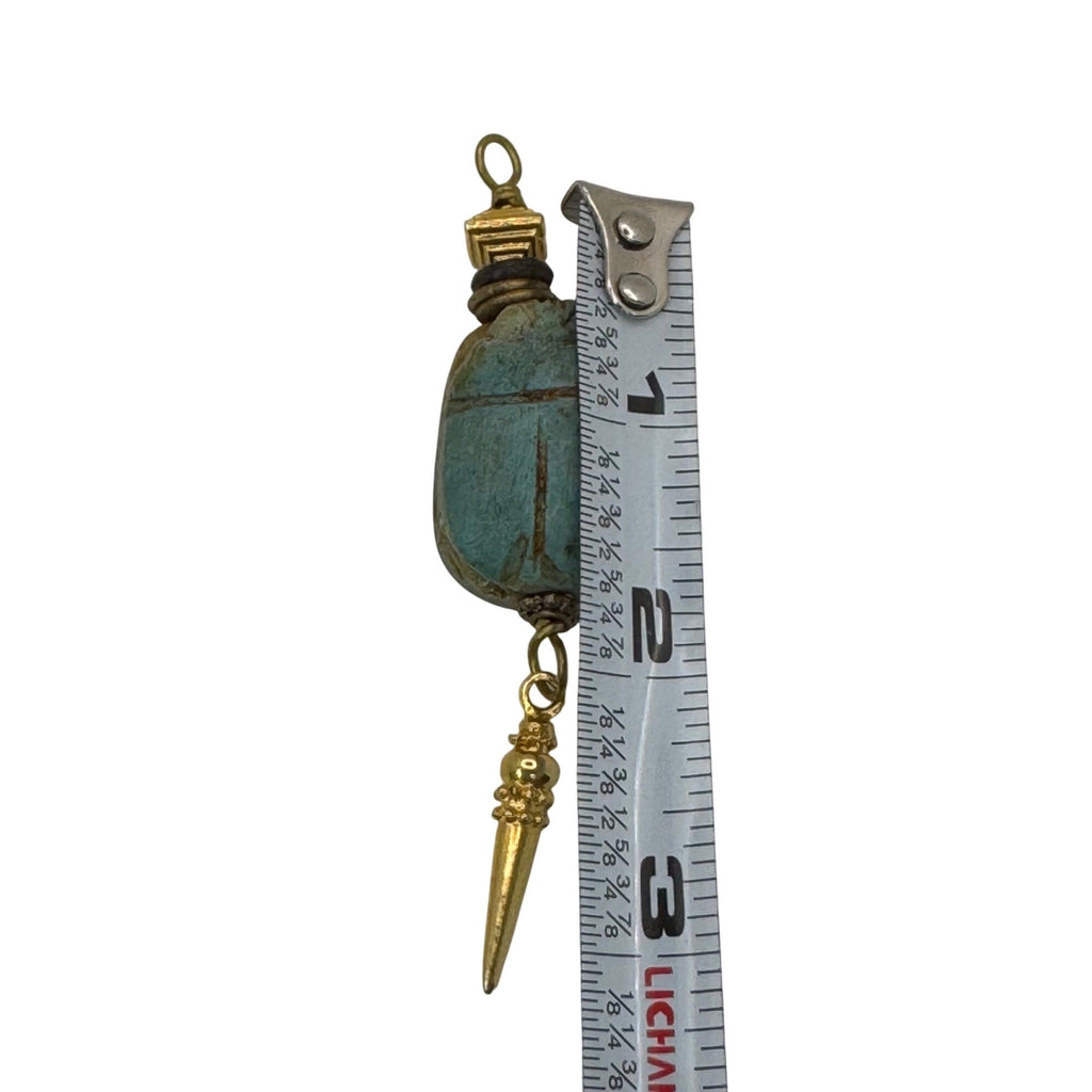 Vintage Carved Egyptian Scarab Amulet Pendant Gold-Tone 3" Dangle Hieroglyphic