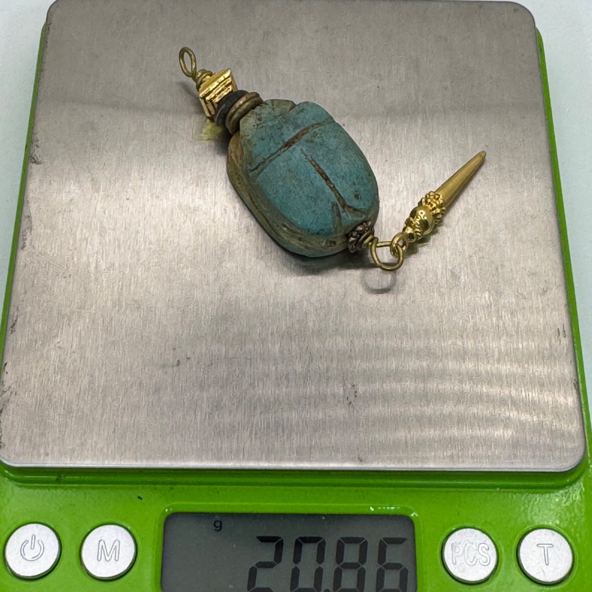 Vintage Carved Egyptian Scarab Amulet Pendant Gold-Tone 3" Dangle Hieroglyphic