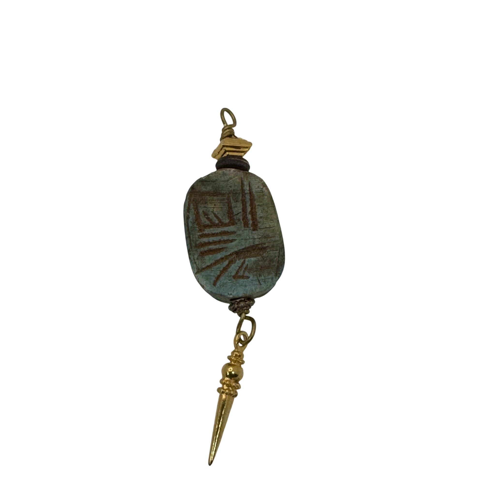 Vintage Carved Egyptian Scarab Amulet Pendant Gold-Tone 3" Dangle Hieroglyphic
