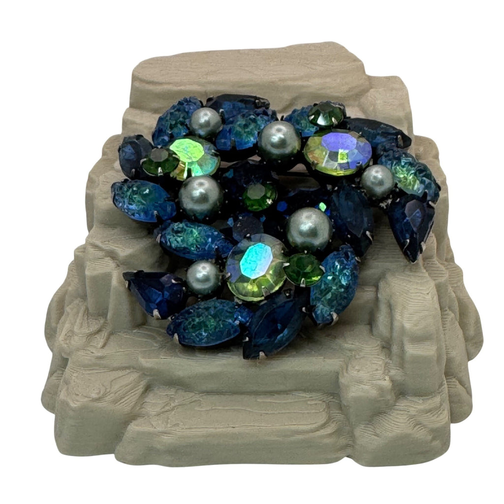 Molded Glass AB Kramer Blue & Green Rhinestone Brooch Pearls Aurora Borealis 2"